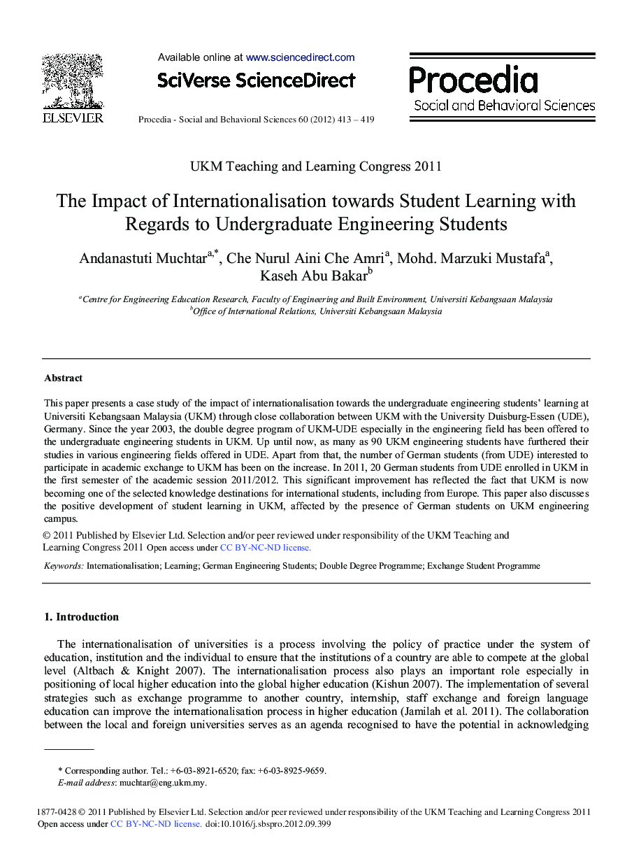 The Impact of Internationalisation towards Student Learning with Regards to Undergraduate Engineering Students