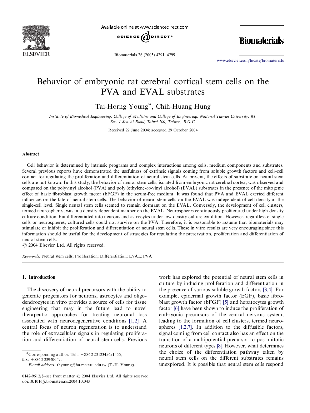 Behavior of embryonic rat cerebral cortical stem cells on the PVA and EVAL substrates