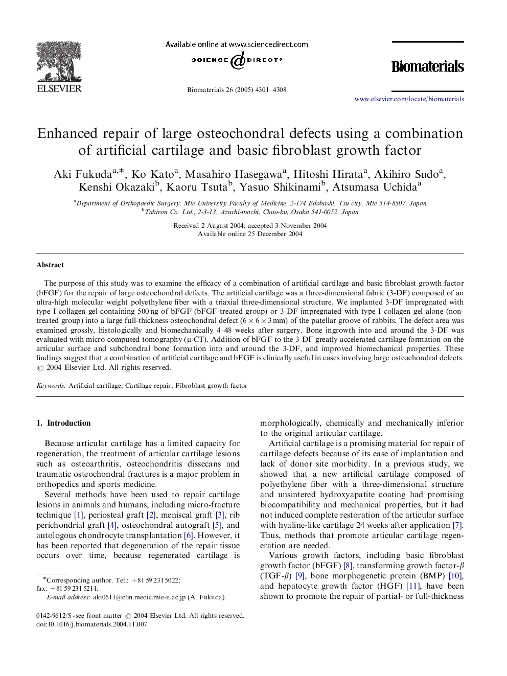 Enhanced repair of large osteochondral defects using a combination of artificial cartilage and basic fibroblast growth factor