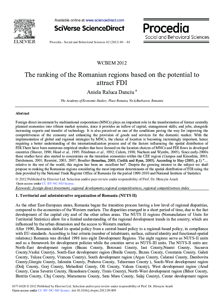 The Ranking of the Romanian Regions based on the Potential to Attract FDI