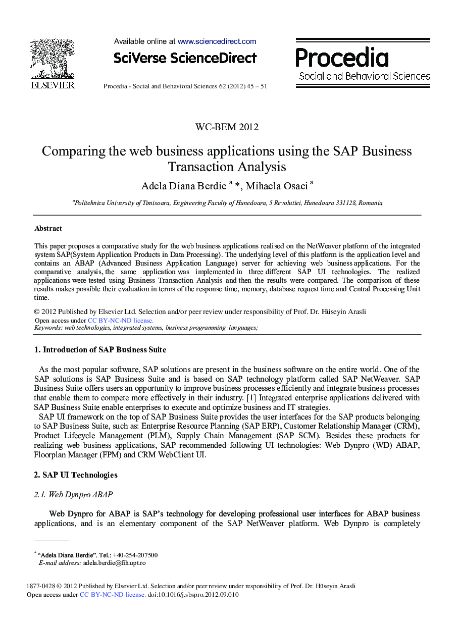 Comparing the Web Business Applications using the SAP Business Transaction Analysis