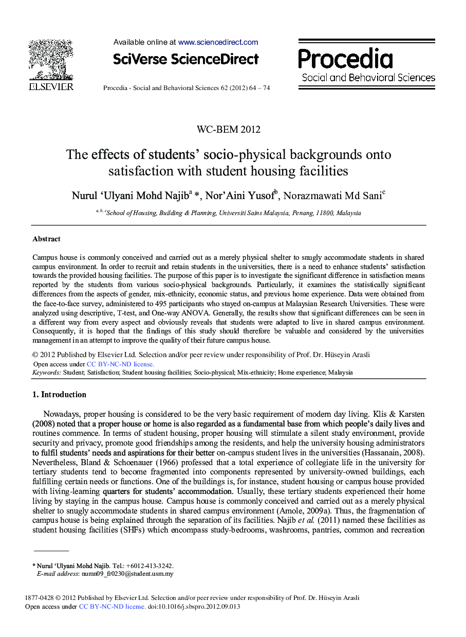 The Effects of Students’ Socio-Physical Backgrounds onto Satisfaction with Student Housing Facilities