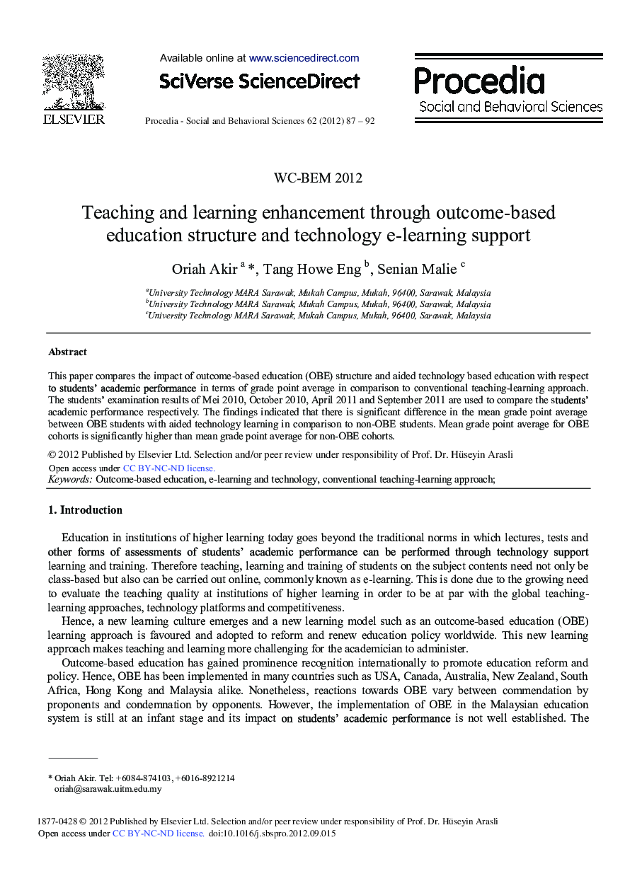 Teaching and Learning Enhancement Through Outcome-Based Education Structure and Technology e-Learning Support