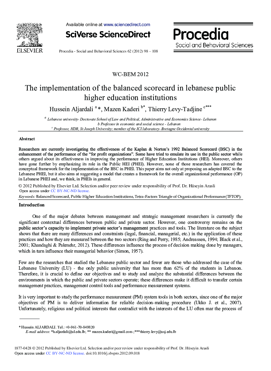 The Implementation of the Balanced Scorecard in Lebanese Public Higher Education Institutions