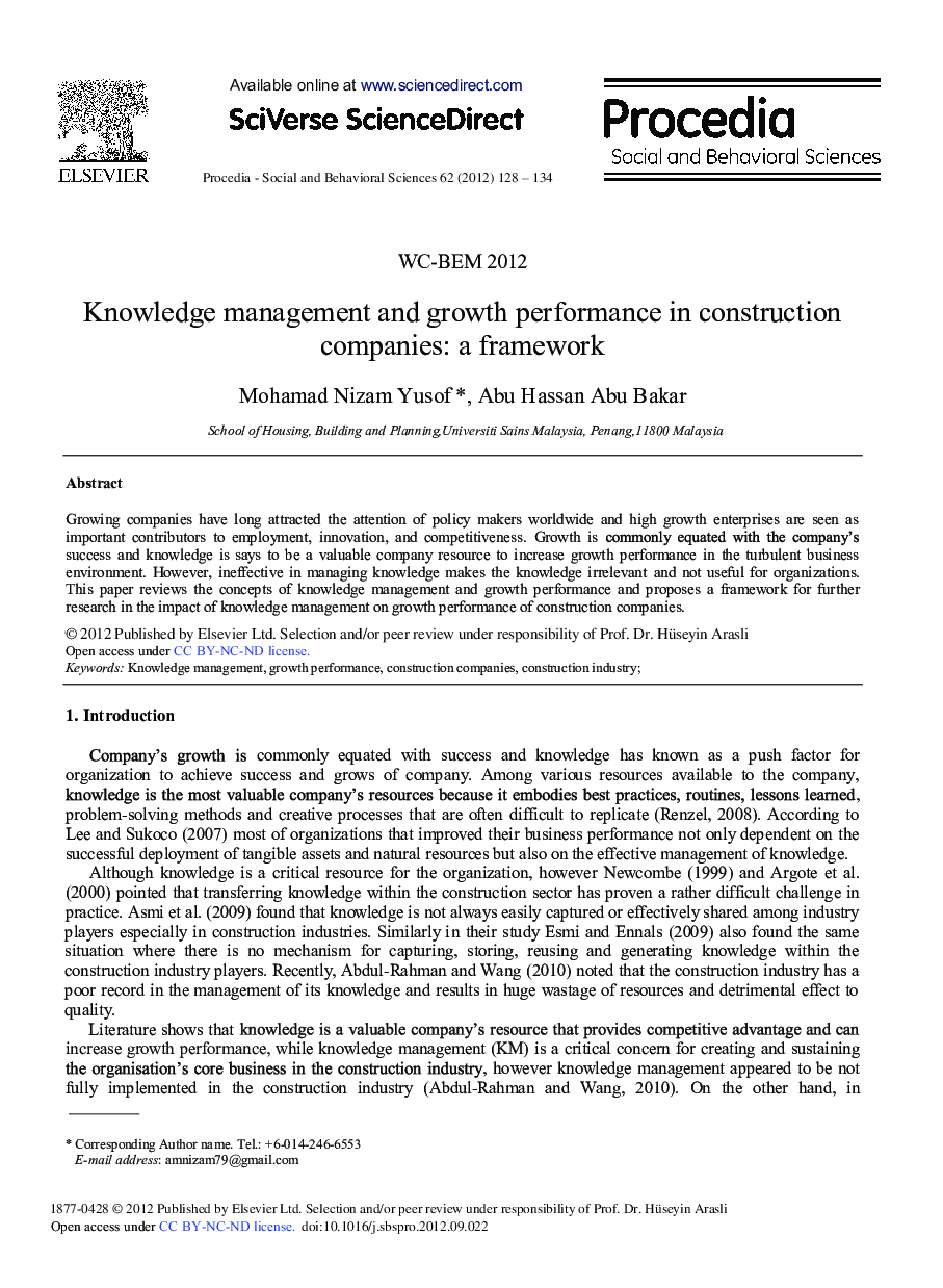 Knowledge Management and Growth Performance in Construction Companies: A Framework