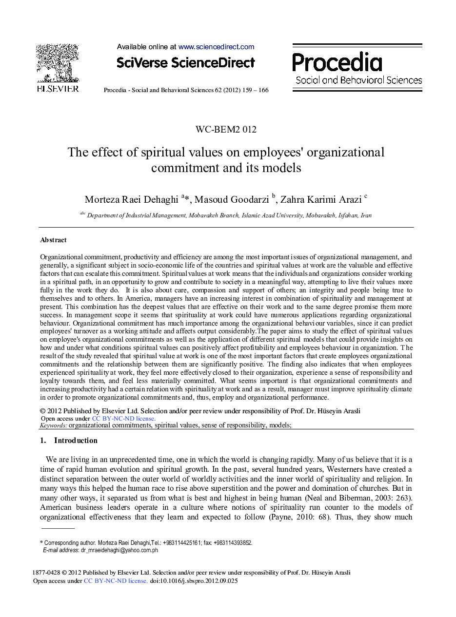 The Effect of Spiritual Values on Employees’ Organizational Commitment and Its Models