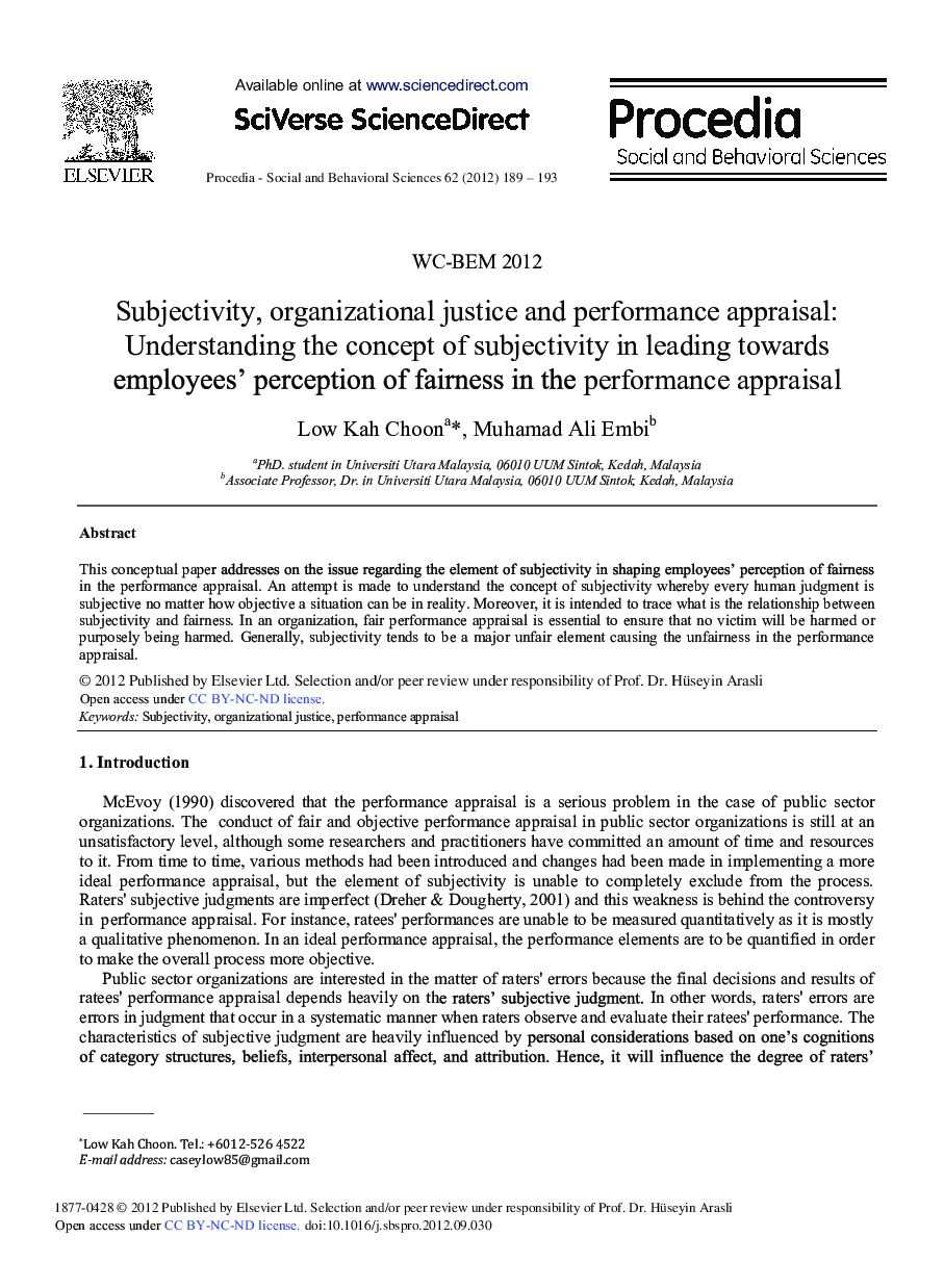 Subjectivity, Organizational Justice and Performance Appraisal: Understanding the Concept of Subjectivity in Leading Towards Employees’ Perception of Fairness in the Performance Appraisal