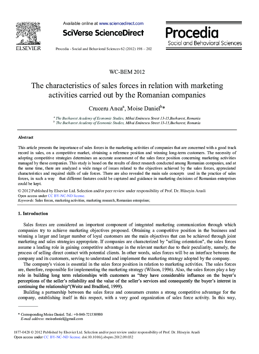 The Characteristics of Sales Forces in Relation with Marketing Activities Carried Out by the Romanian Companies