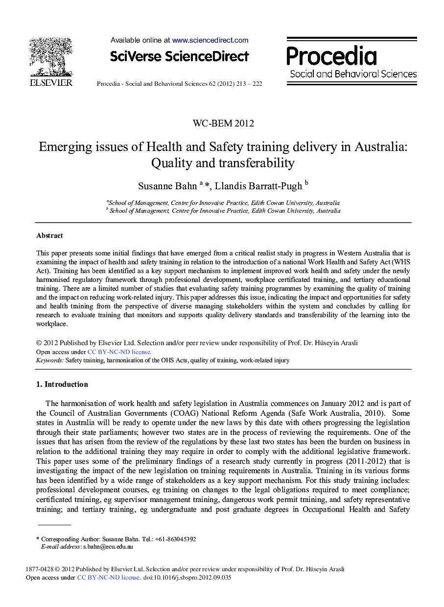 Emerging Issues of Health and Safety Training Delivery in Australia: Quality and Transferability