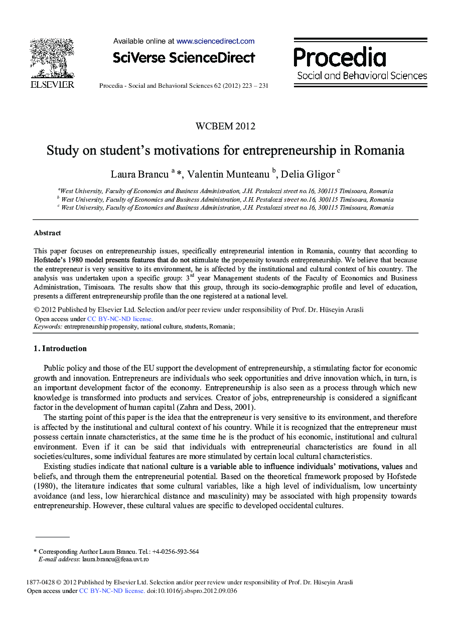 Study on Student's Motivations for Entrepreneurship in Romania