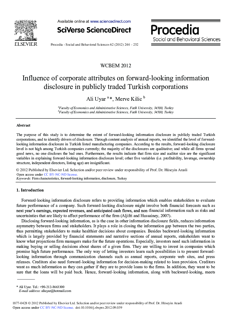 Influence of Corporate Attributes on Forward-looking Information Disclosure in Publicly Traded Turkish Corporations