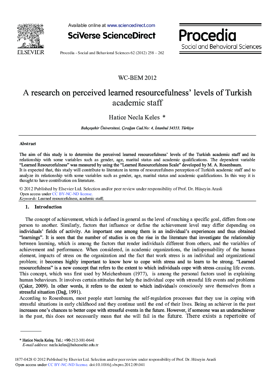 A Research on Perceived Learned Resourcefulness’ Levels of Turkish Academic Staff