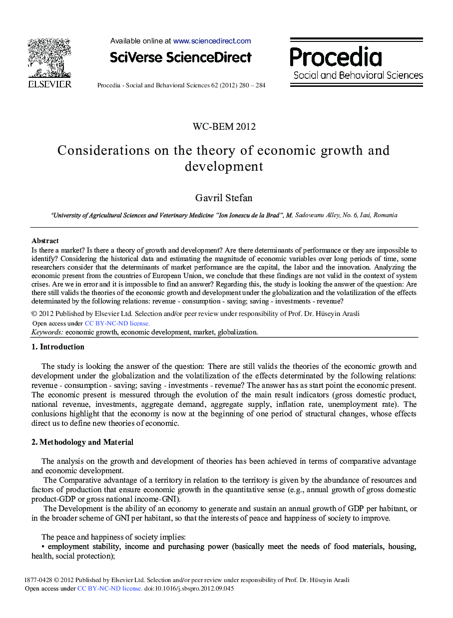 Considerations on the Theory of Economic Growth and Development