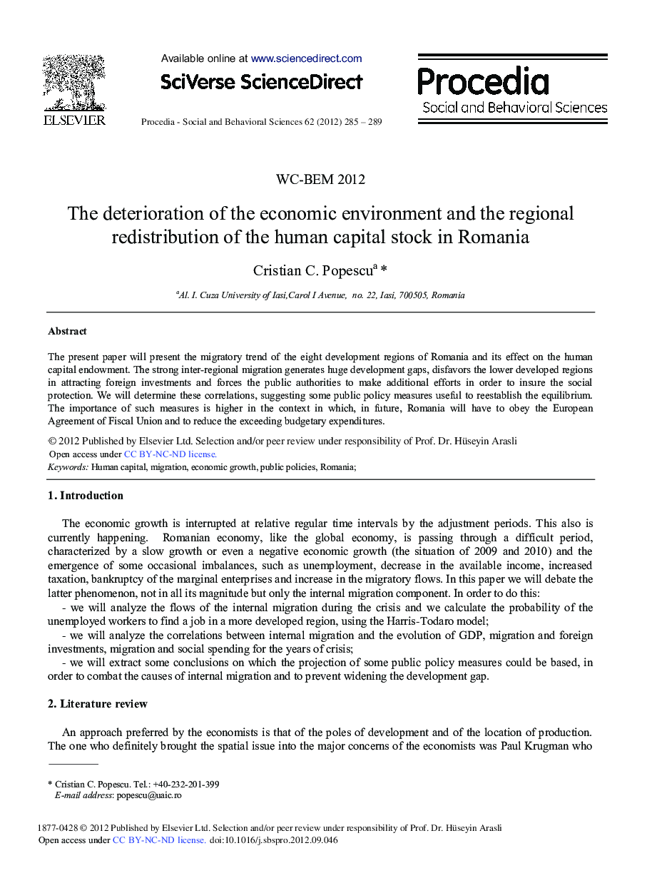 The Deterioration of the Economic Environment and the Regional Redistribution of the Human Capital Stock in Romania