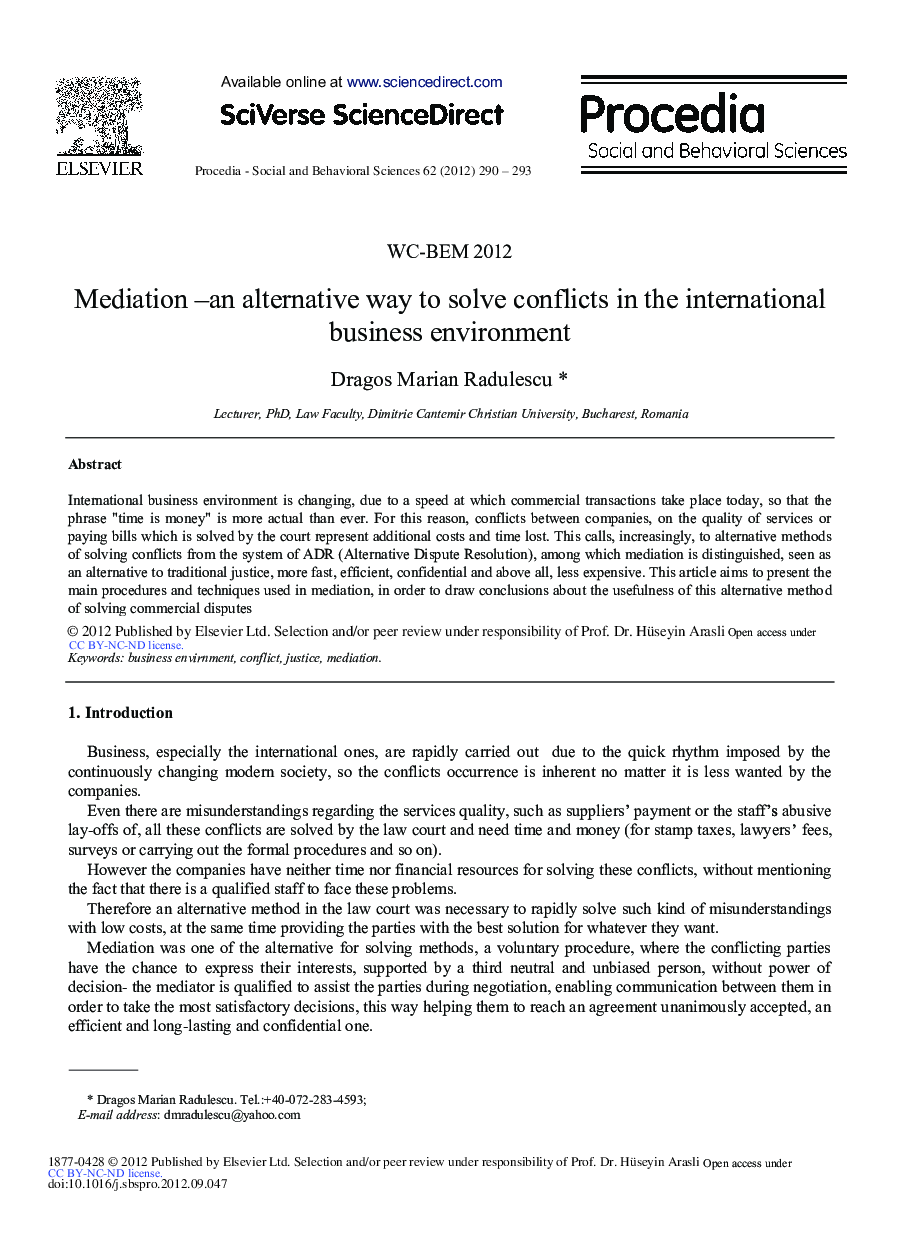 Mediation-An Alternative way to Solve Conflicts in the International Business Environment