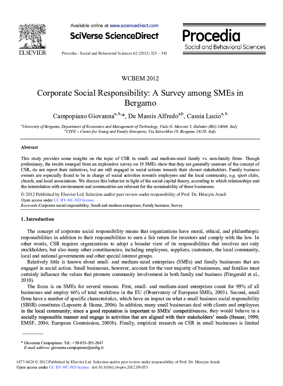 Corporate Social Responsibility: A Survey among SMEs in Bergamo