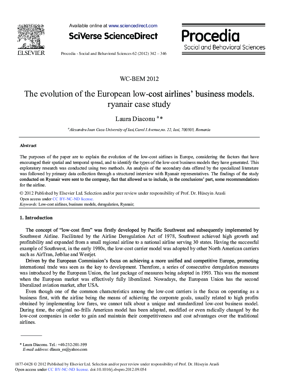 The Evolution of the European Low-cost Airlines‘Business Models. Ryanair Case Study