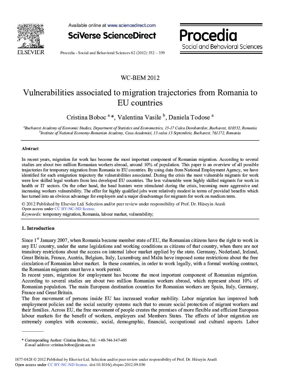 Vulnerabilities Associated to Migration Trajectories from Romania to EU Countries