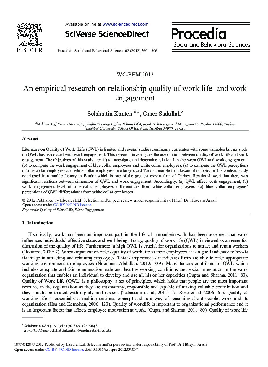 An Empirical Research on Relationship Quality of Work Life and Work Engagement