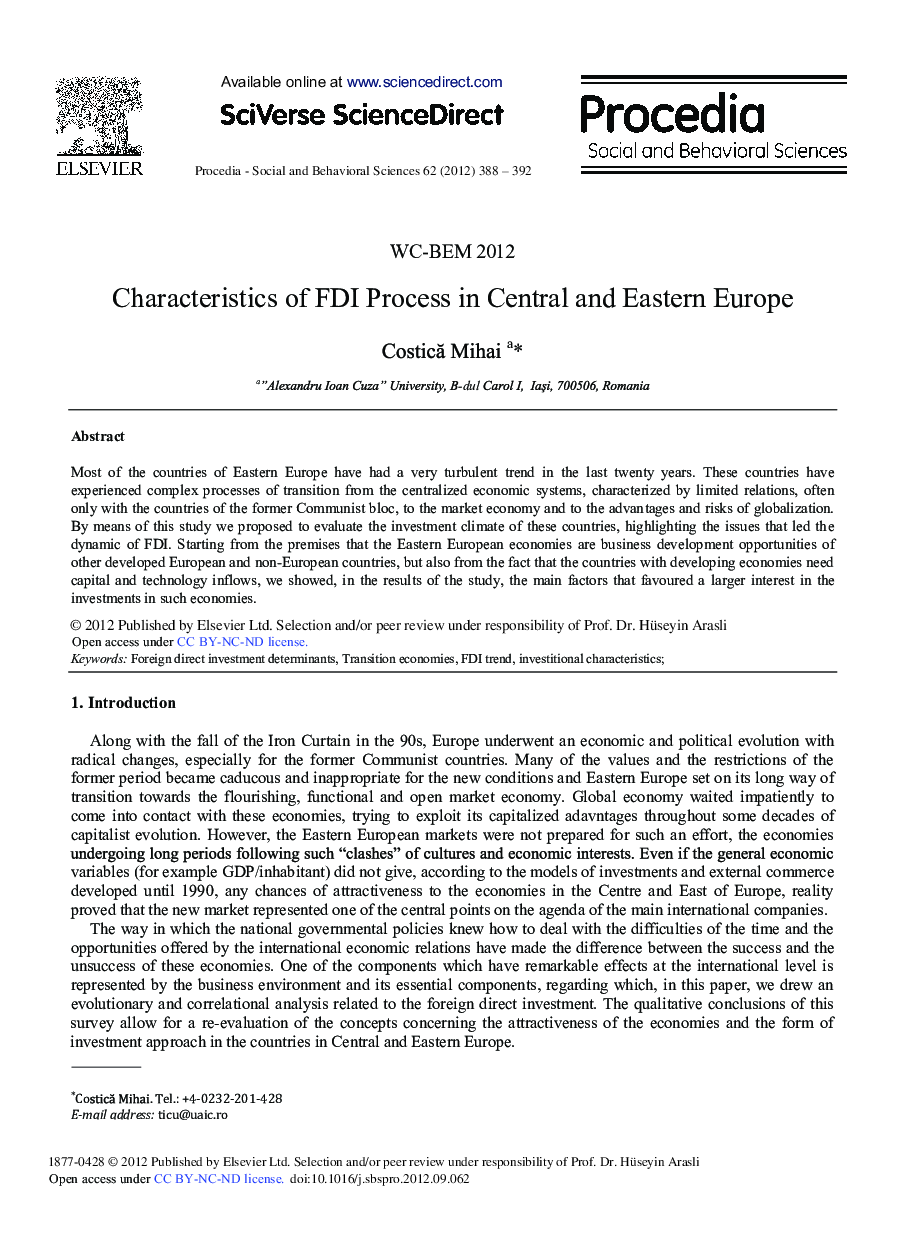 Characteristics of FDI Process in Central and Eastern Europe