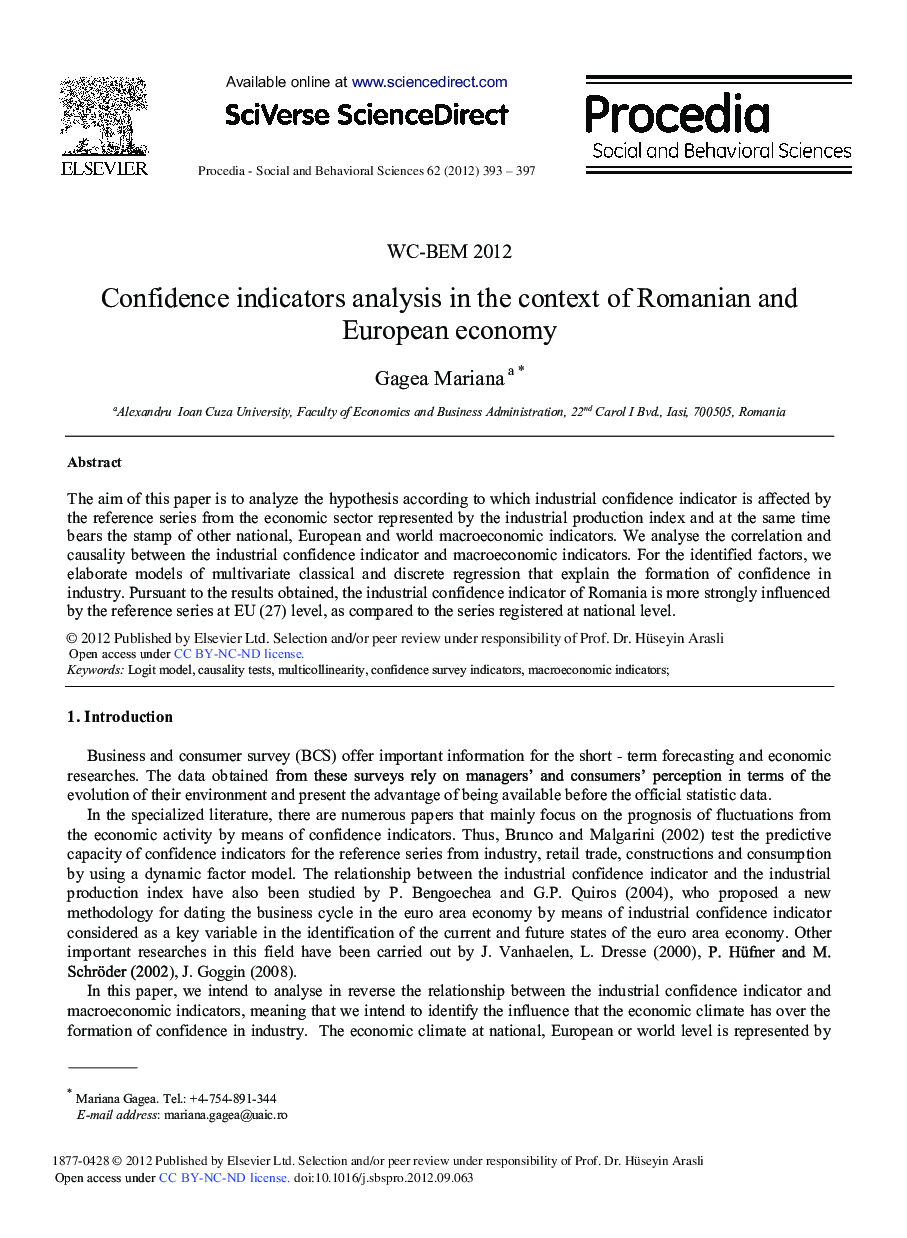 Confidence Indicators Analysis in the Context of Romanian and European Economy