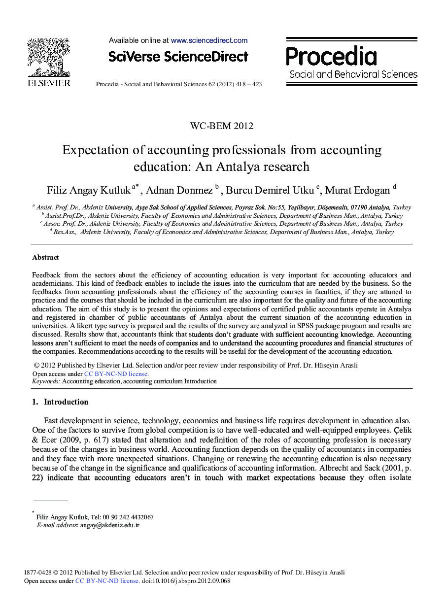 Expectation of Accounting Professionals From Accounting Education: An Antalya Research