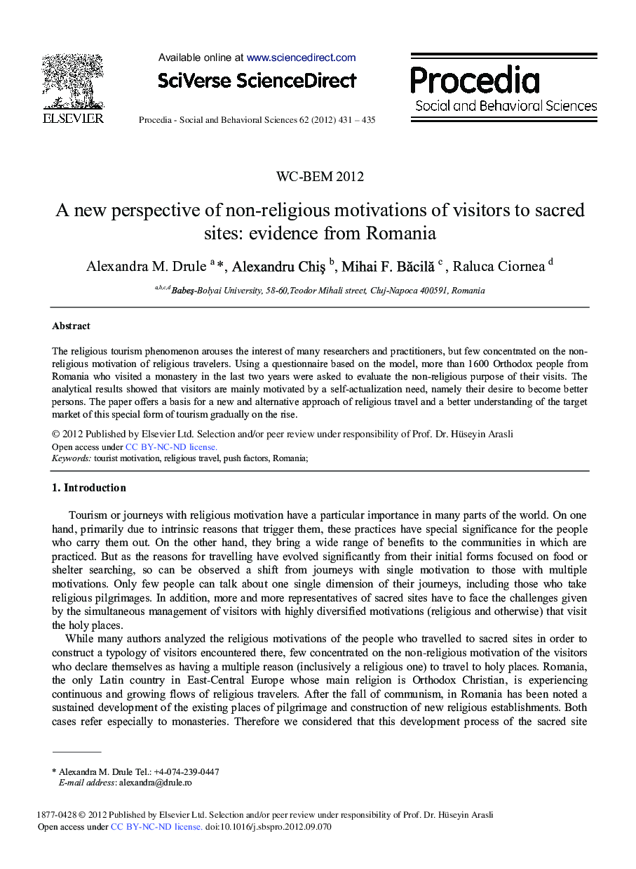 A New Perspective of Non-Religious Motivations of Visitors to Sacred Sites: Evidence From Romania