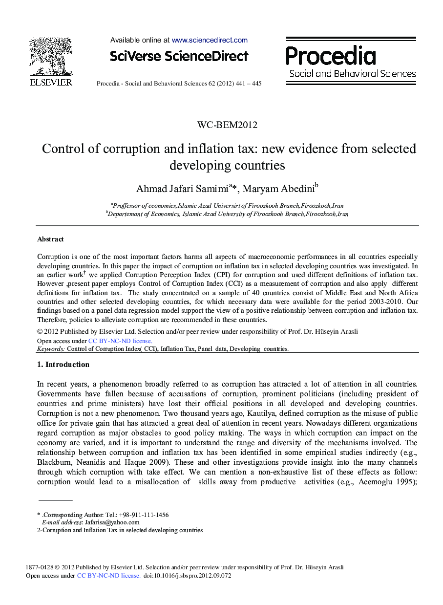 Control of Corruption and Inflation Tax: New Evidence From Selected Developing Countries