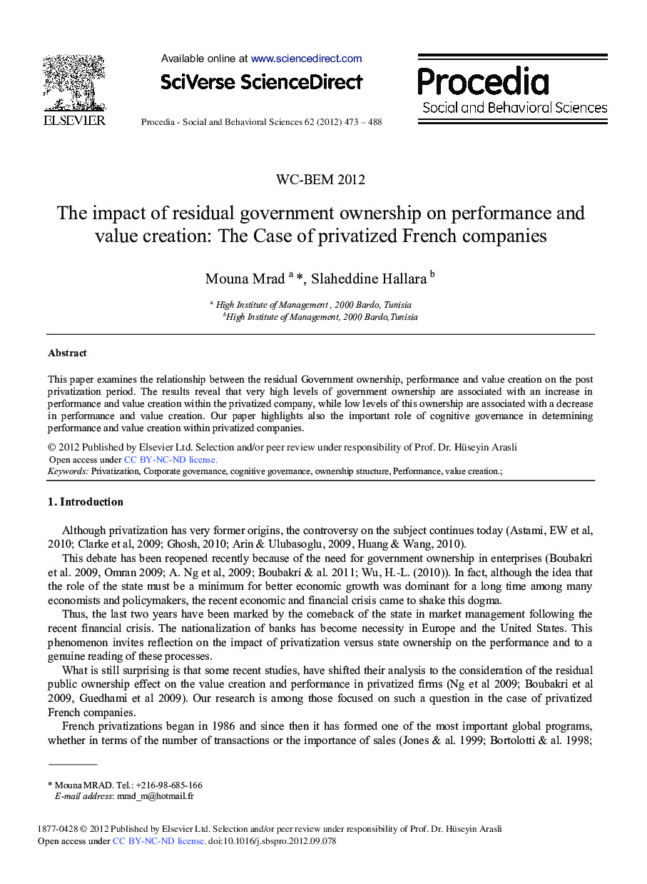 The Impact of Residual Government Ownership on Performance and Value Creation: the Case of Privatized French Companies