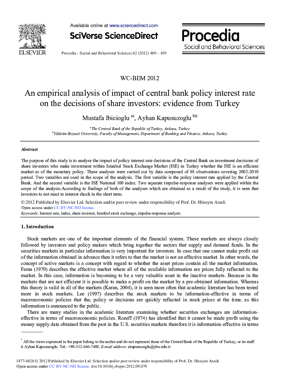 An Empirical Analysis of Impact of Central Bank Policy Interest Rate on the Decisions of Share Investors: Evidence from Turkey