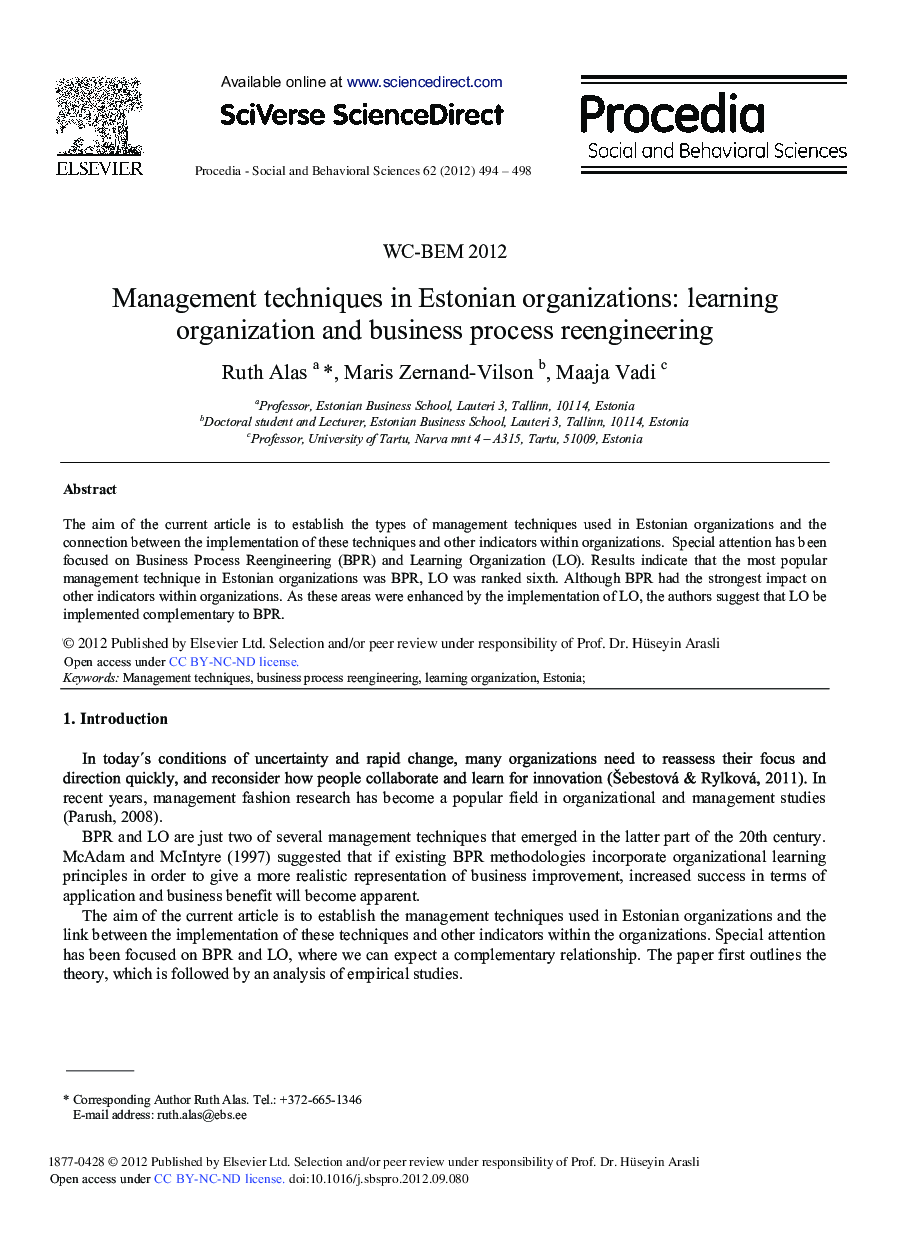 Management Techniques in Estonian Organizations: Learning Organization and Business Process Reengineering