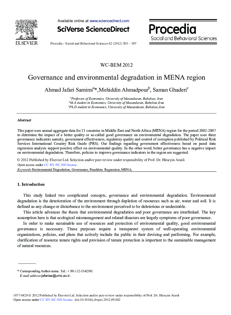 Governance and Environmental Degradation in MENA Region