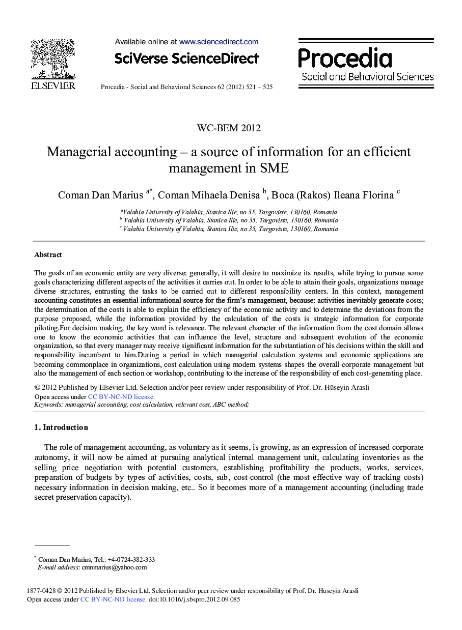 Managerial Accounting – a Source of Information for an Efficient Management in SME