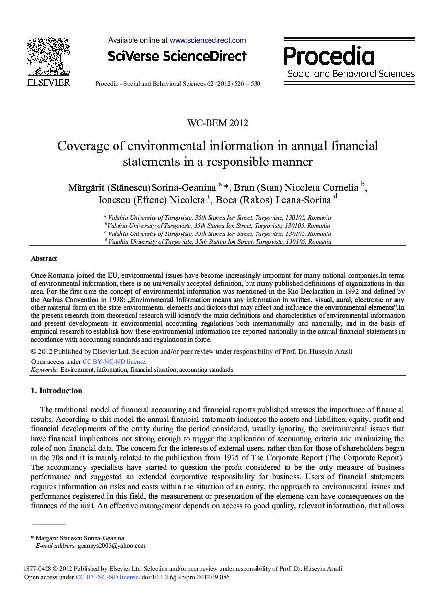 Coverage of Environmental Information in Annual Financial Statements in a Responsible Manner