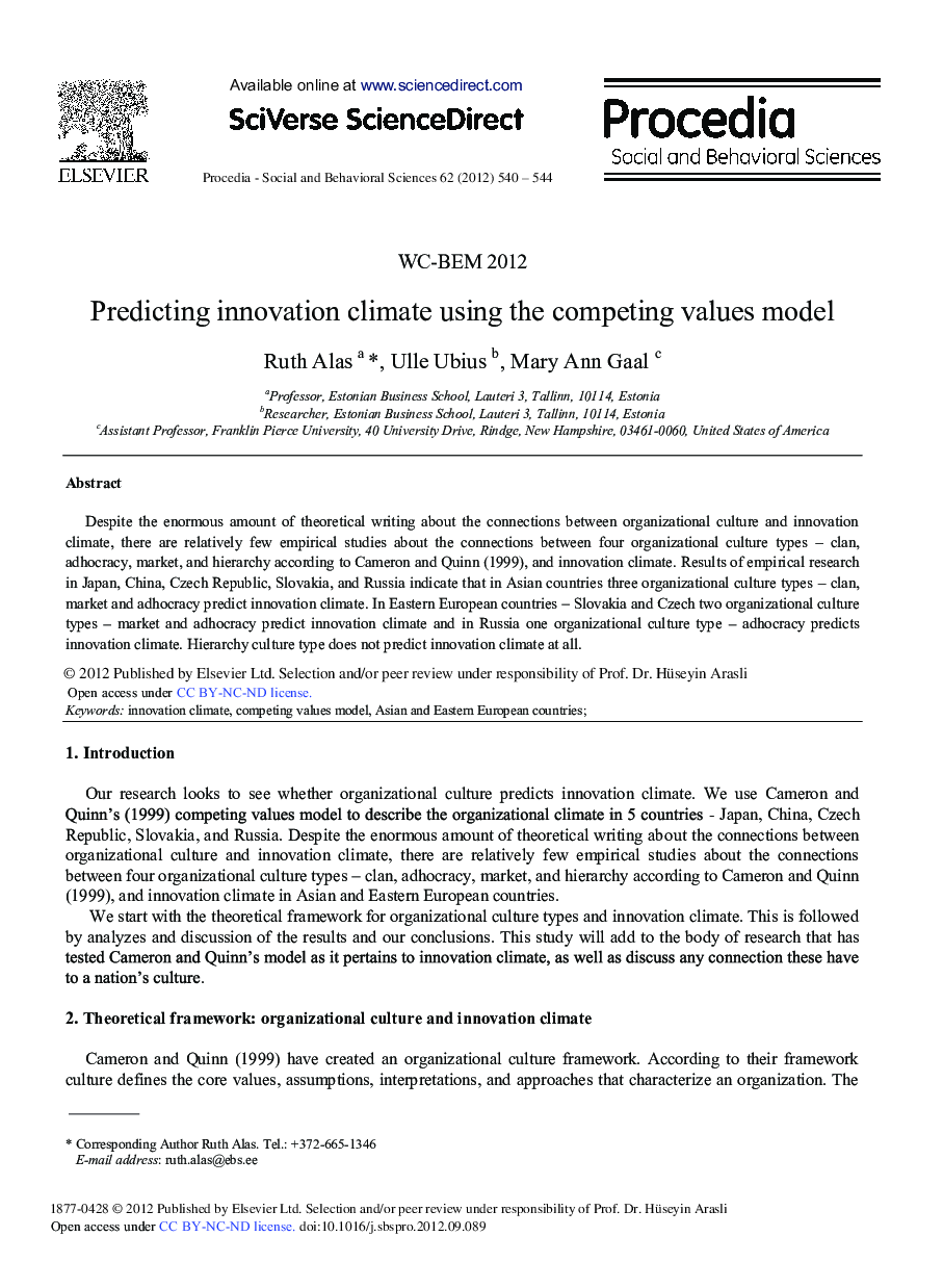 Predicting Innovation Climate using the Competing Values Model