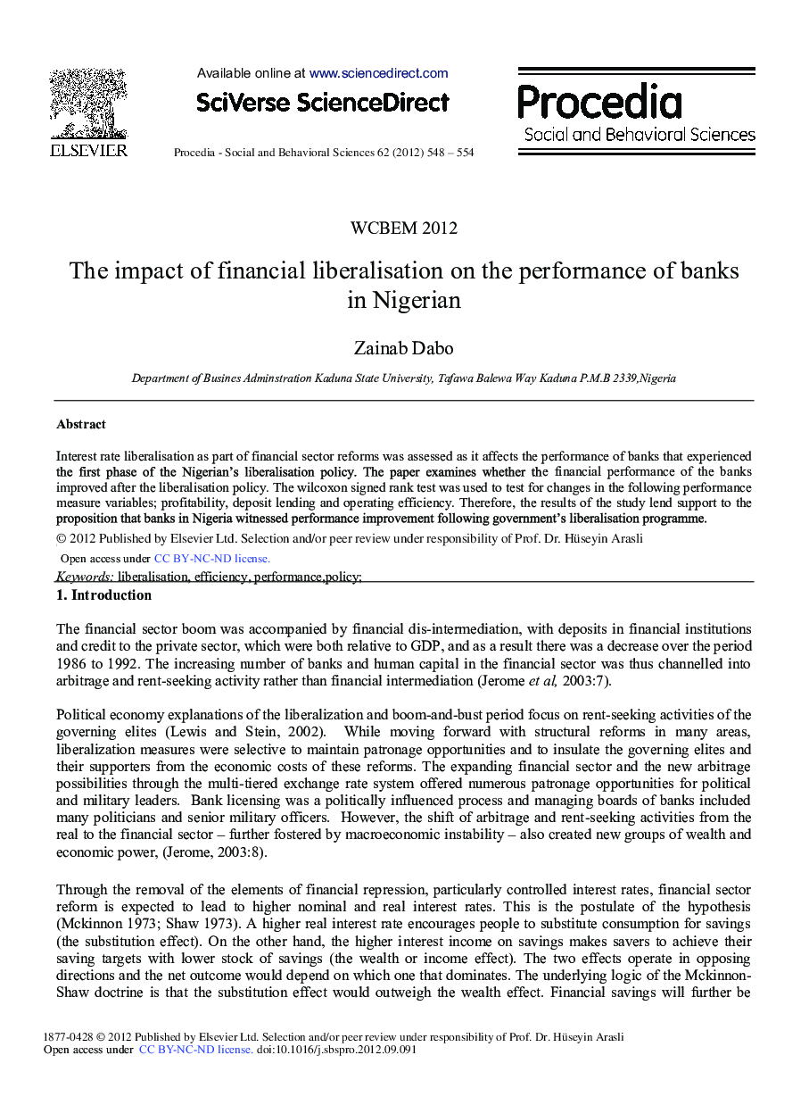 The Impact of Financial Liberalisation on the Performance of Banks in Nigerian