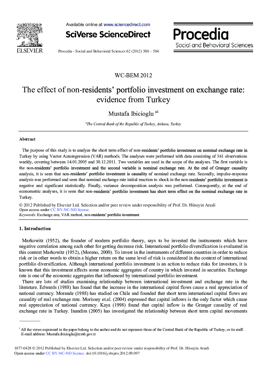 The Effect of Non-residents’ Portfolio Investment on Exchange Rate: Evidence from Turkey