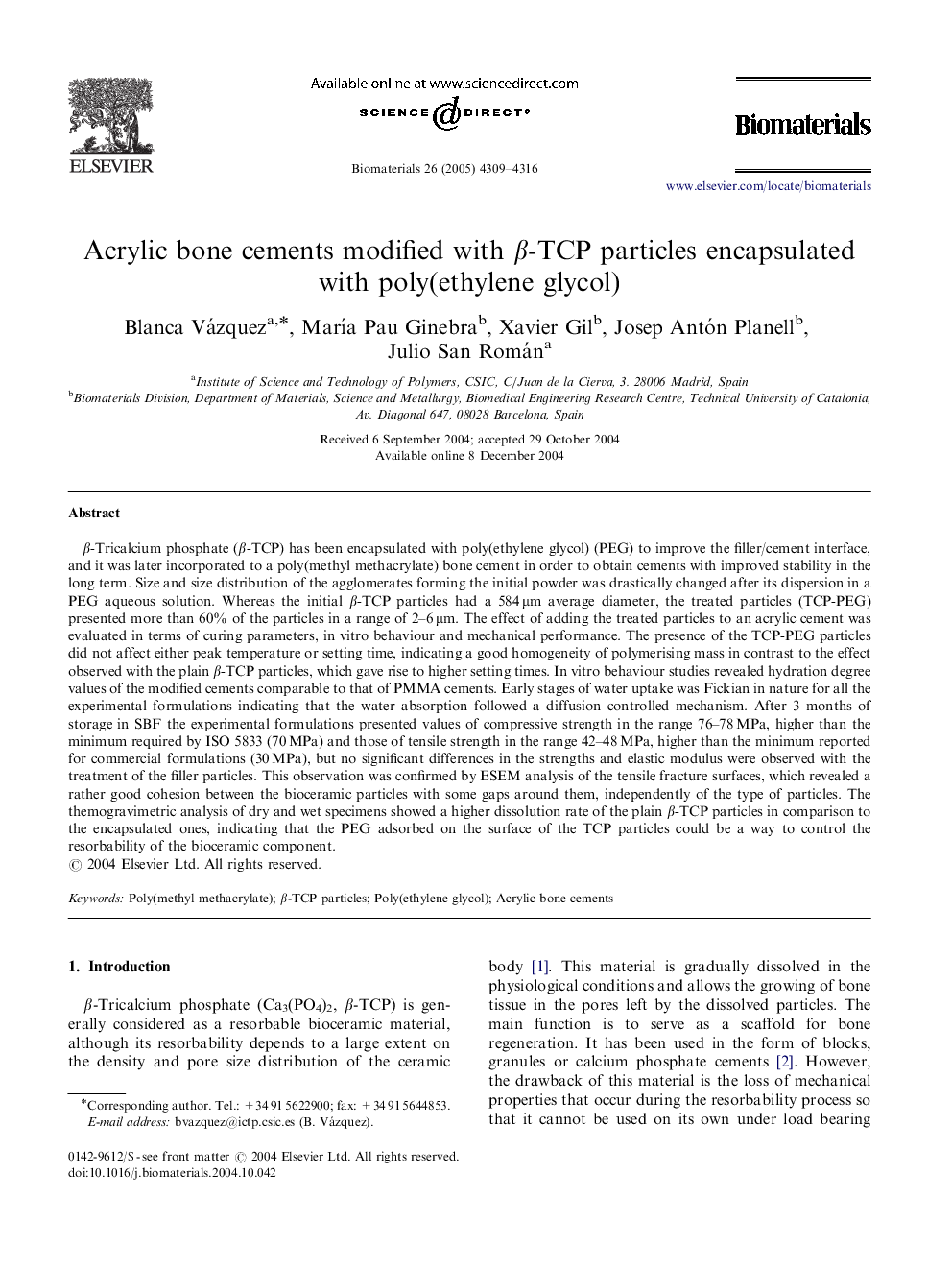 Acrylic bone cements modified with ββ-TCP particles encapsulated with poly(ethylene glycol)