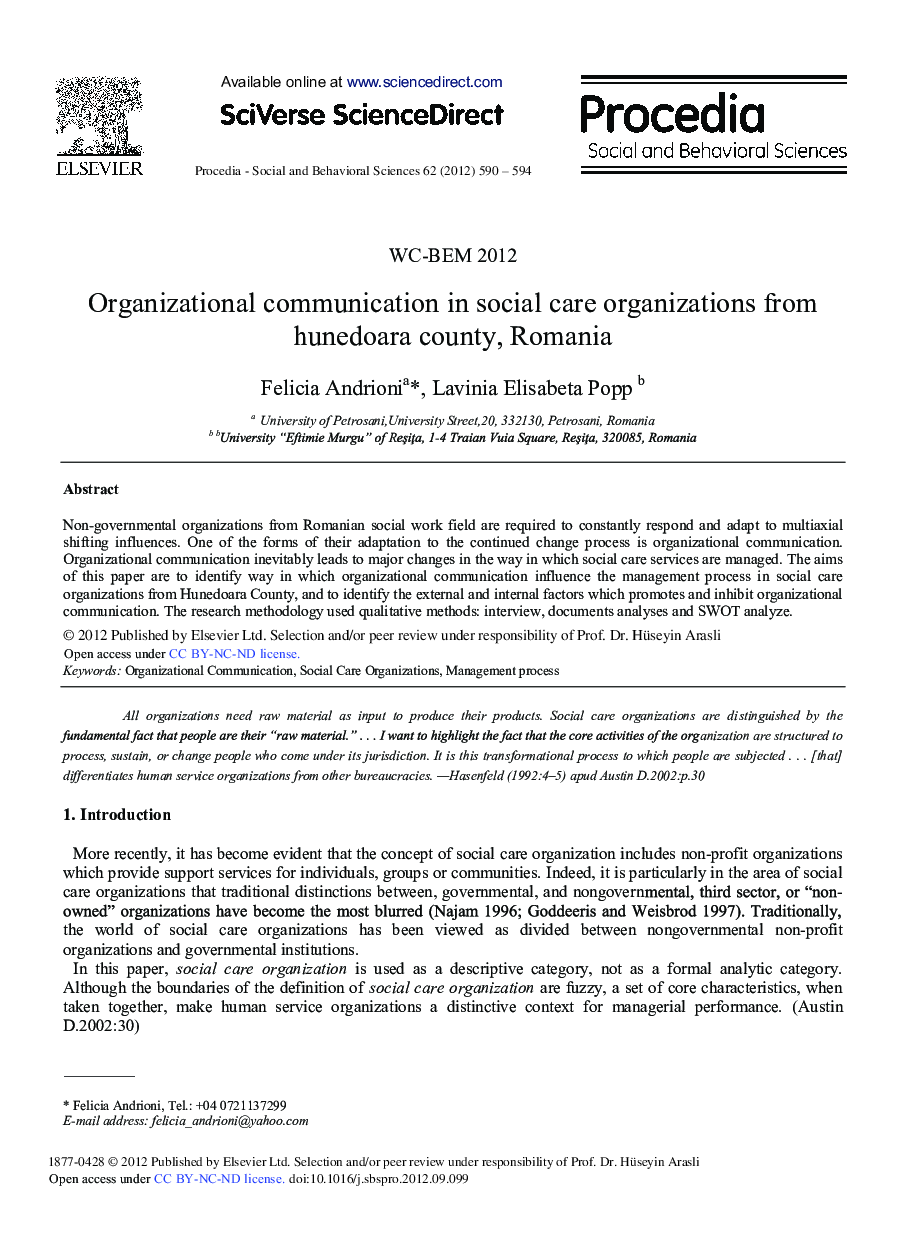 Organizational Communication in Social Care Organizations from Hunedoara County, Romania