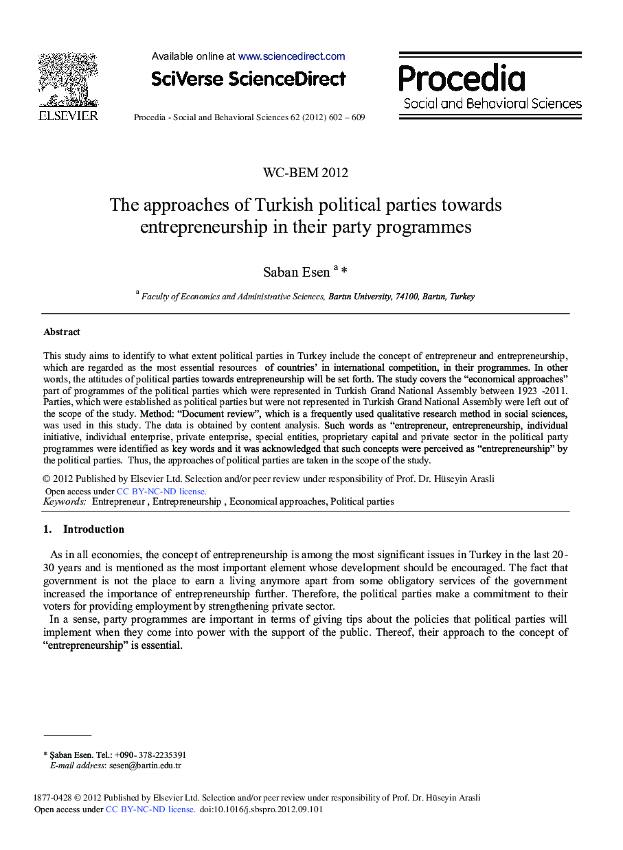 The Approaches of Turkish Political Parties towards Entrepreneurship in their Party Programmes