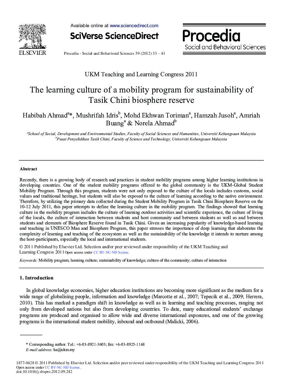 The Learning Culture of a Mobility Program for Sustainability of Tasik Chini Biosphere reserve