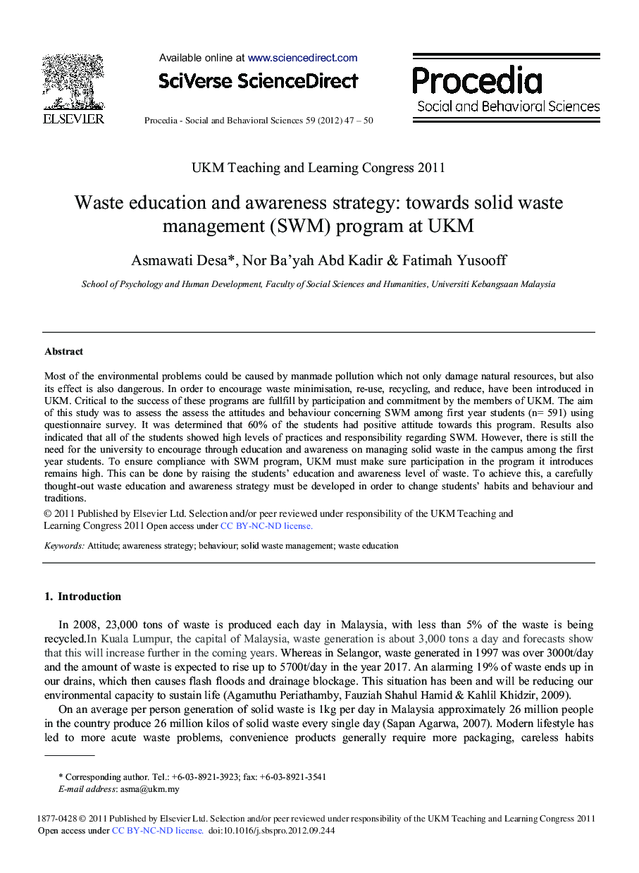 Waste Education and Awareness Strategy: Towards Solid Waste Management (SWM) Program at UKM