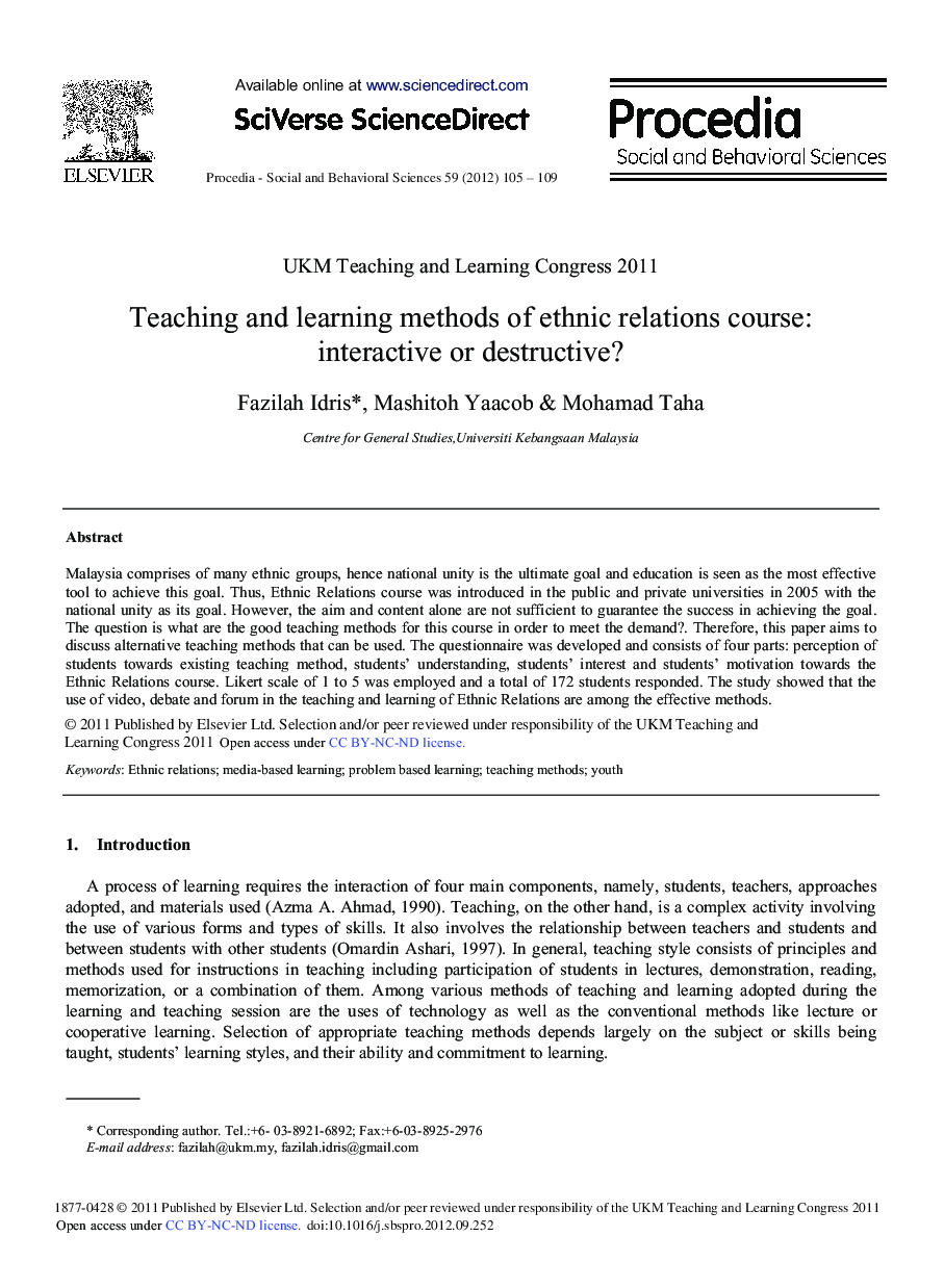 Teaching and Learning methods of Ethnic Relations Course: Interactive or Destructive?