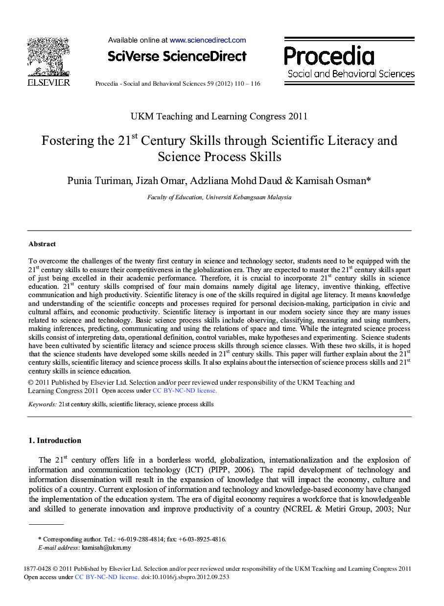 Fostering the 21st Century Skills through Scientific Literacy and Science Process Skills