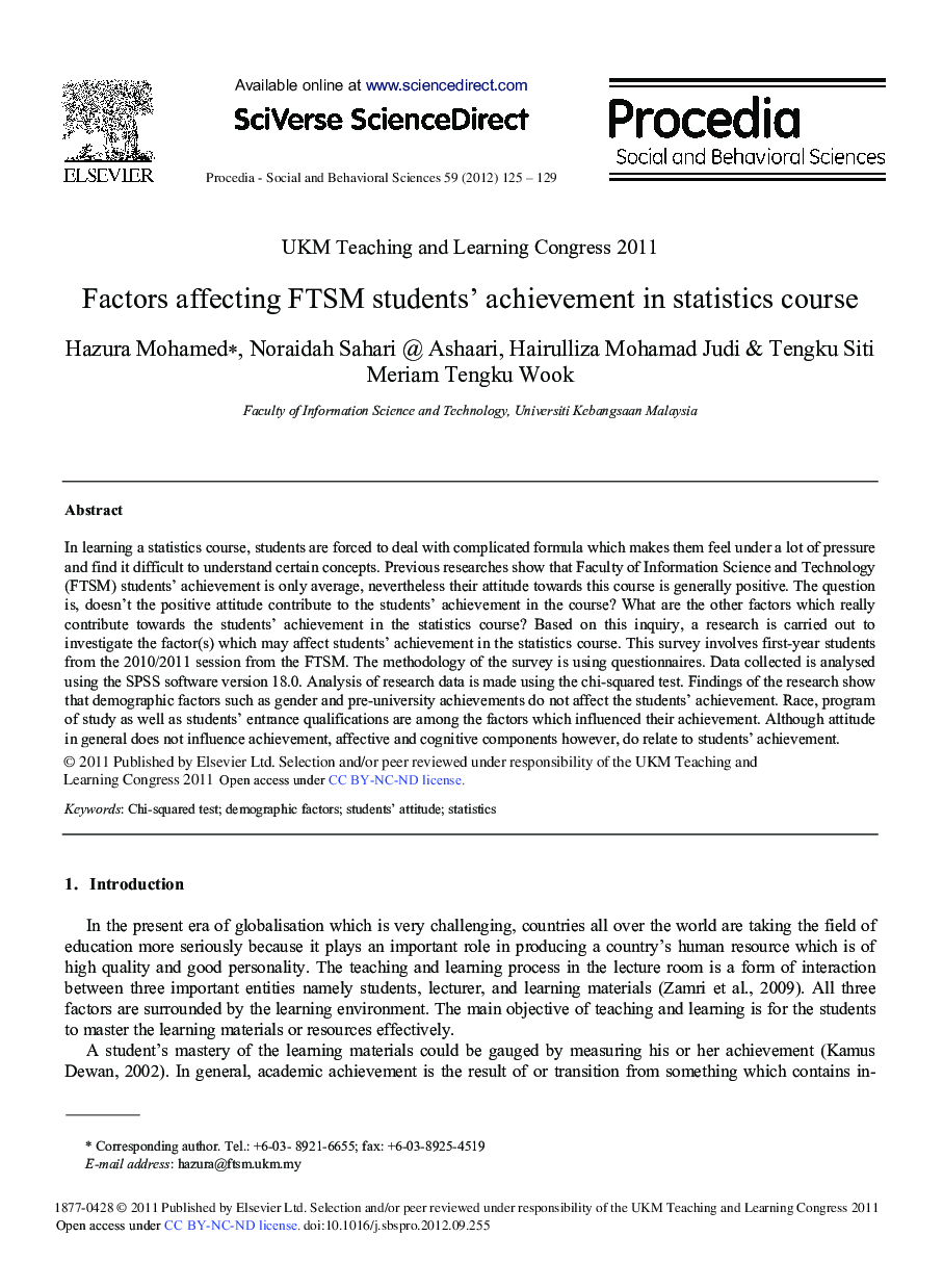 Factors Affecting FTSM Students’ Achievement in Statistics Course