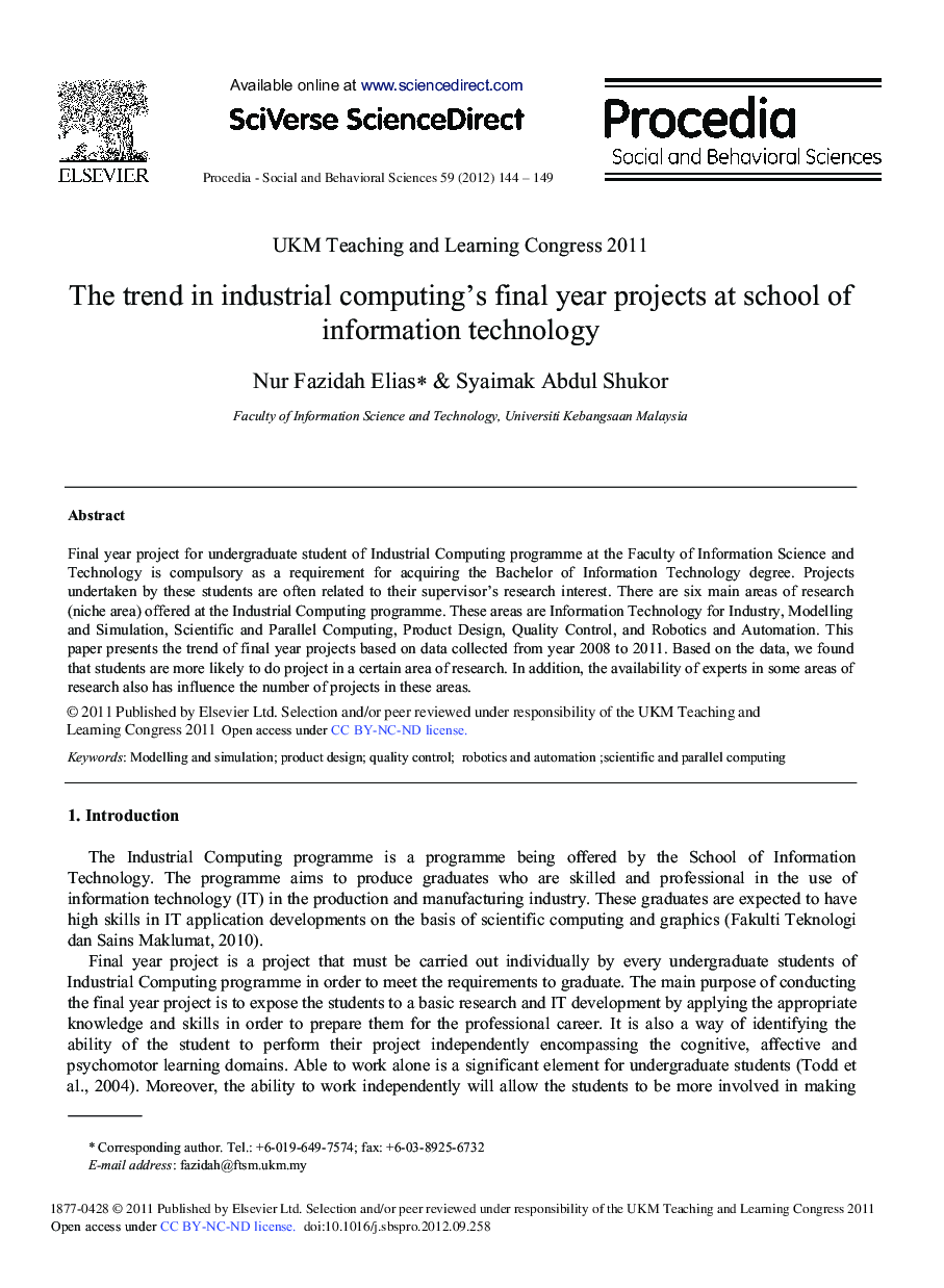 The Trend in Industrial Computing's Final Year Projects at School of Information Technology