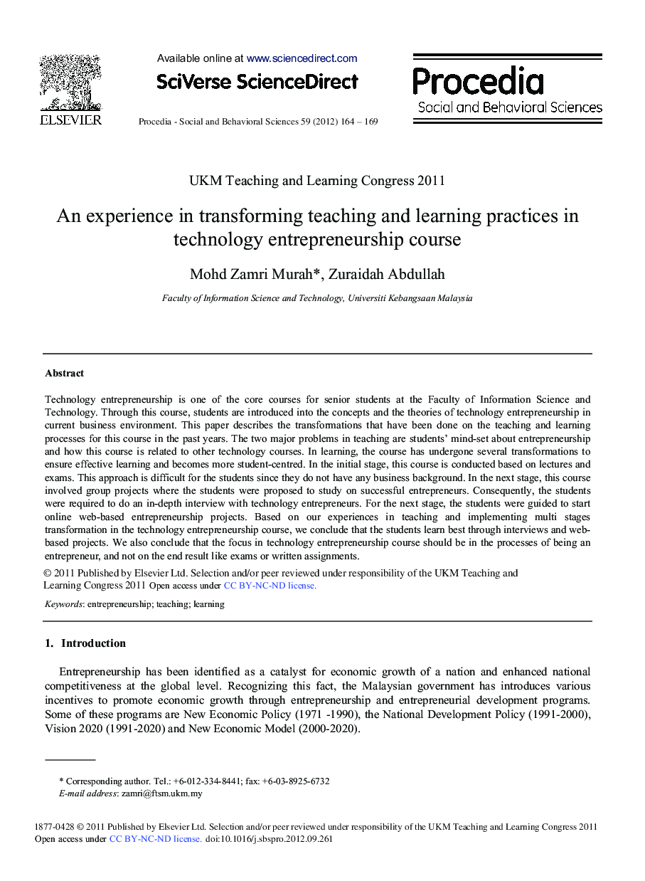 An Experience in Transforming Teaching and Learning Practices in Technology Entrepreneurship Course