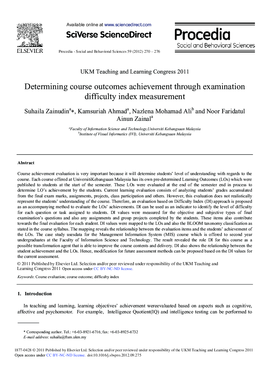 Determining Course Outcomes Achievement Through Examination Difficulty Index Measurement