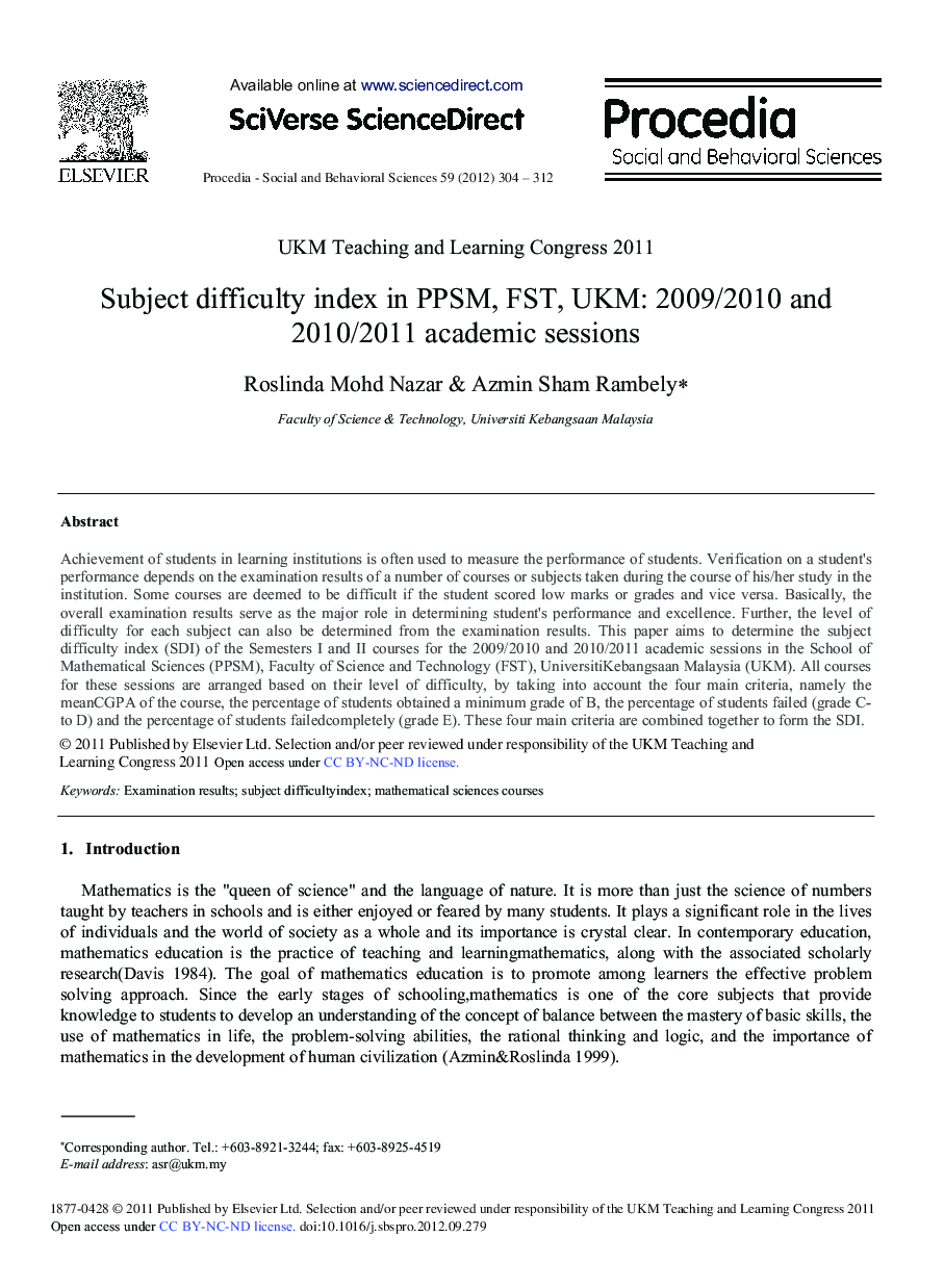 Subject Difficulty Index in PPSM, FST, UKM: 2009/2010 and 2010/2011 Academic Sessions