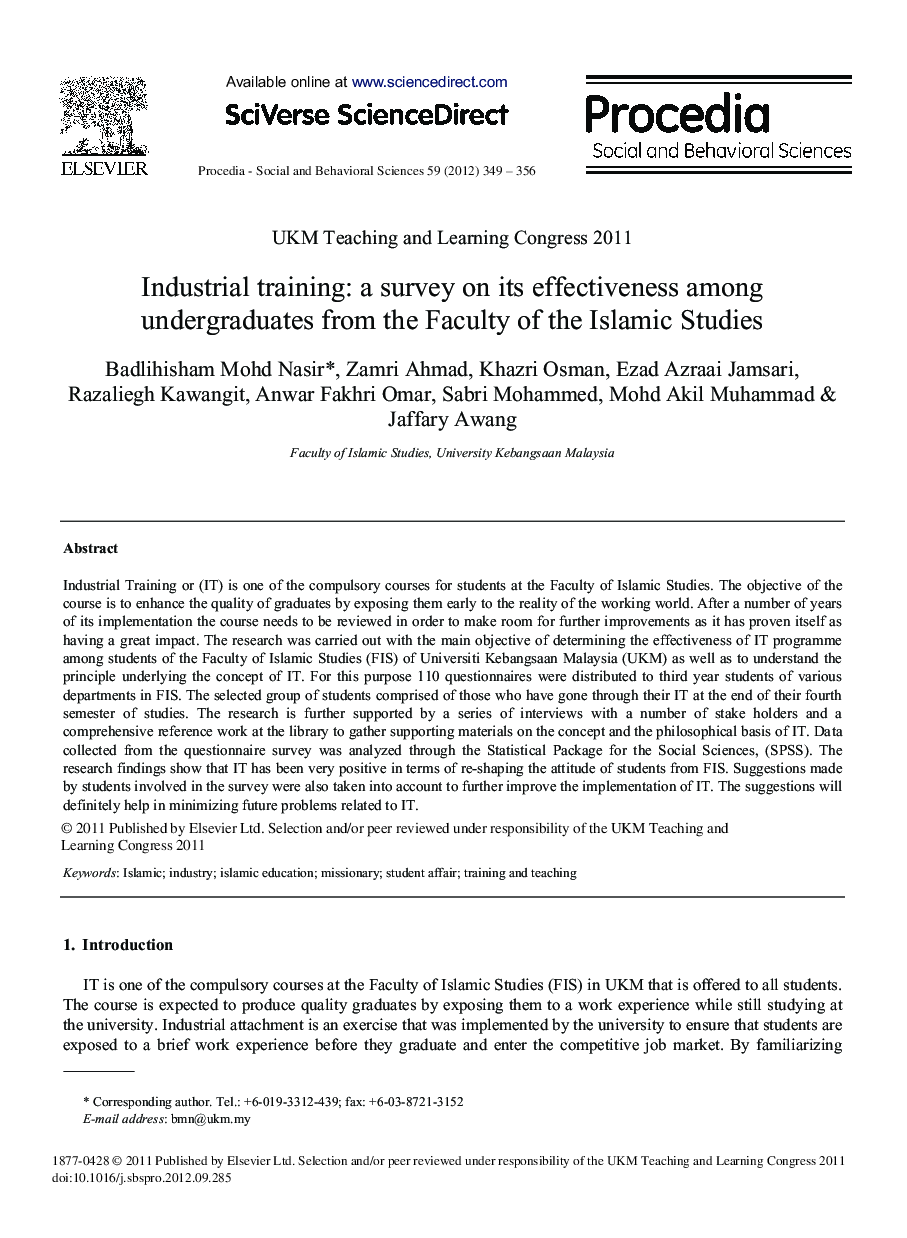 Industrial Training: a Survey on its Effectiveness Among Undergraduates from the Faculty of the Islamic Studies